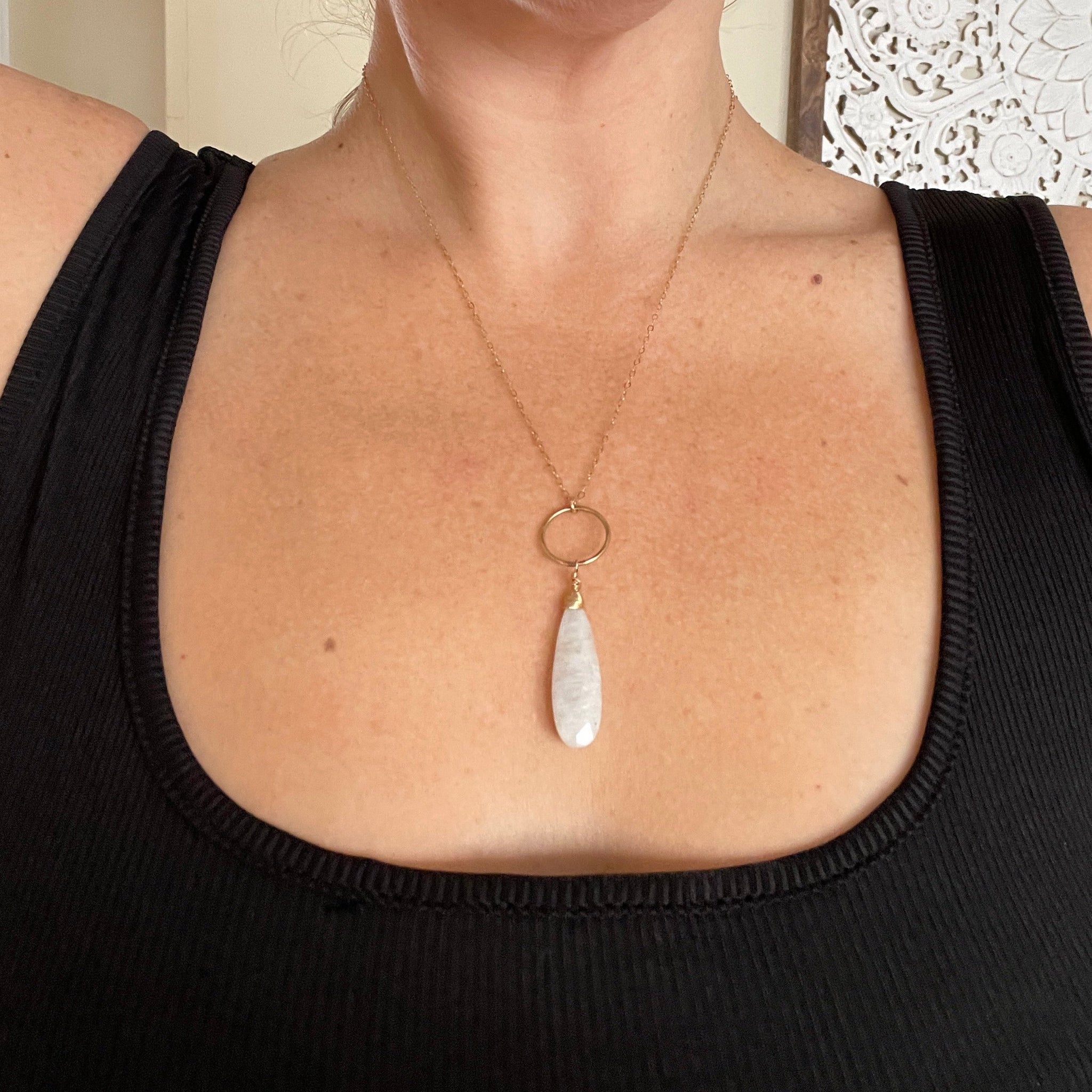 Rainbow Moonstone Drop Necklace with 14k Gold Filled Ring