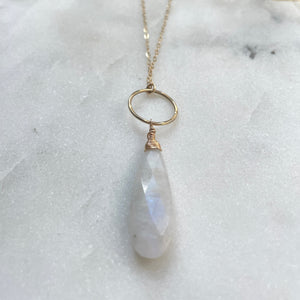 Rainbow Moonstone Drop Necklace with 14k Gold Filled Ring